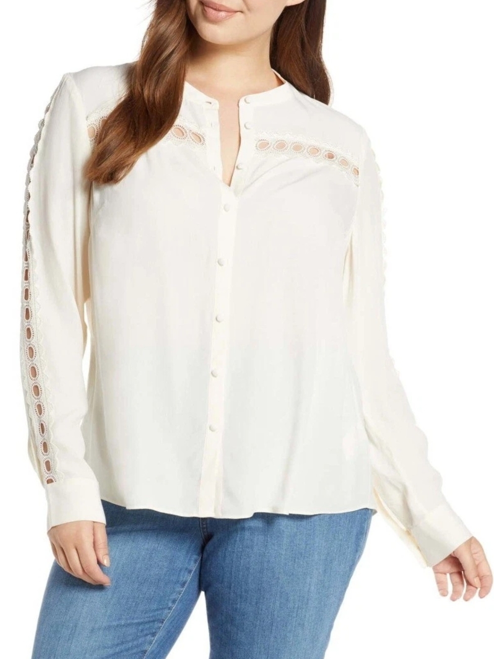 Boden Ivory Amara Button-Front Blouse with Lace Insets   size 10R